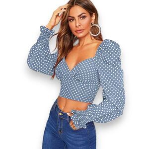 SHEIN Crop Top‎ Womens Small Sweetheart Neckline Knit Long Sleeve  Blue